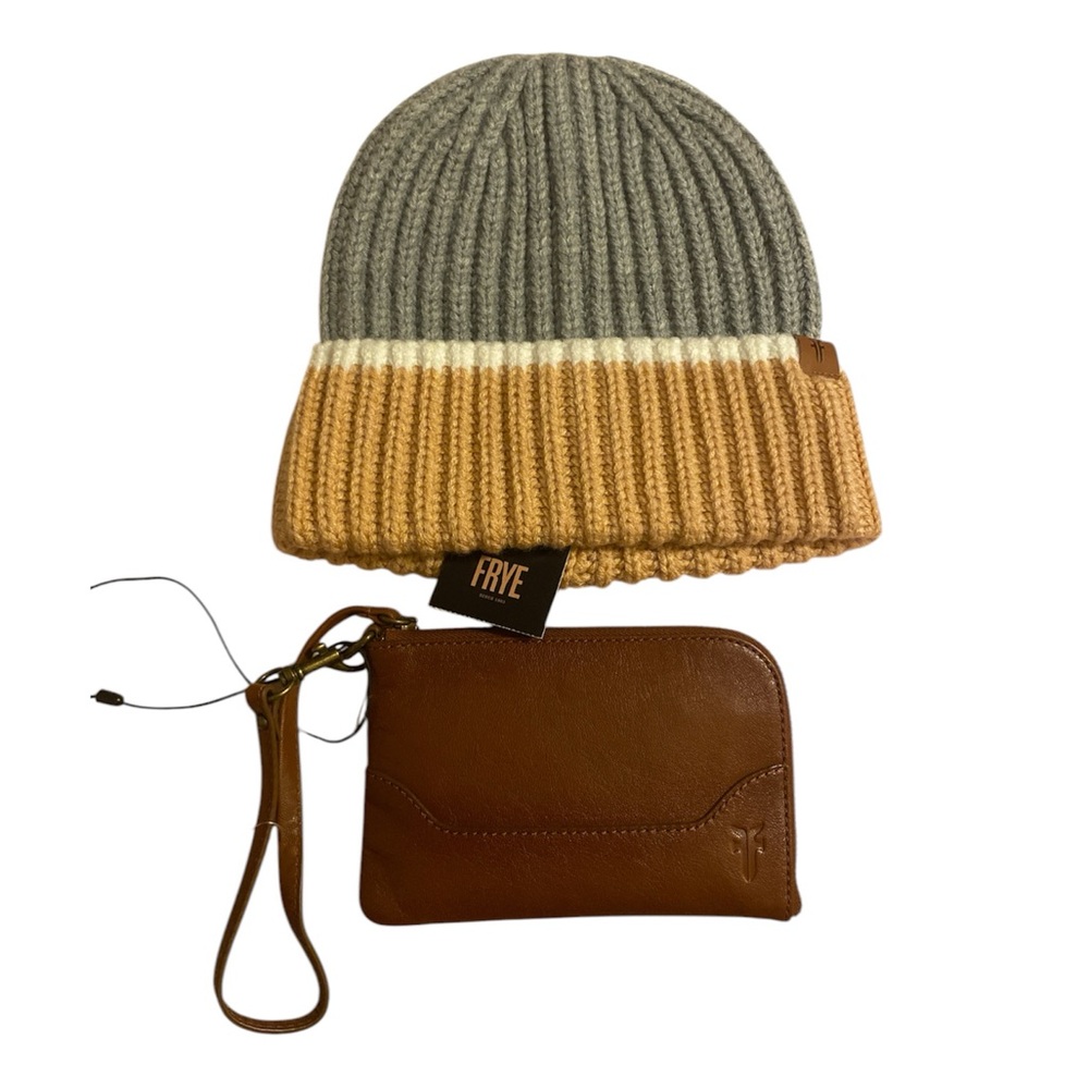 Frye Gray and Brown Knit Beanie with Brown Leather Wallet